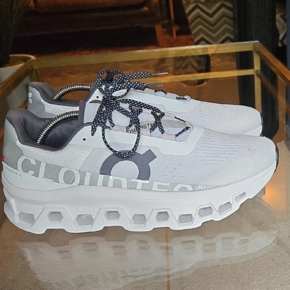 On Cloudmonster Running White and Gray Sneakers